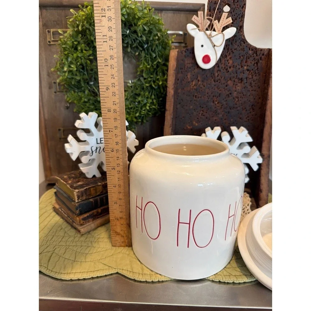 HO HO HO Rae Dunn Christmas Ceramic Canister Jar White Red Round With Lid